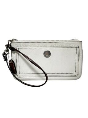 Coach Off-white Pebbled Leather Wristlet Wallet with Brown Strap and Hand Tag